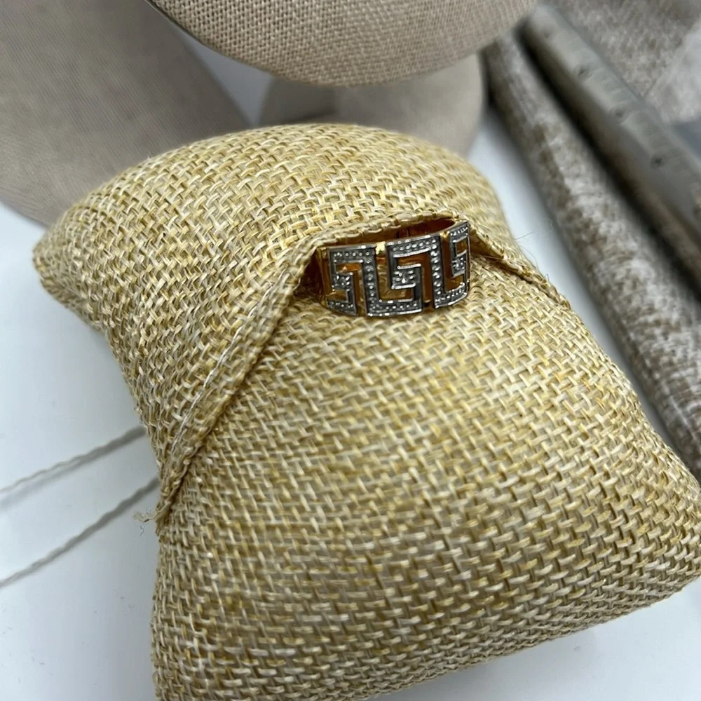 Signed SETA Vintage Greek Key Two-Tone Gold Silver CZ Band Ring Size 5 - Picture 13 of 16